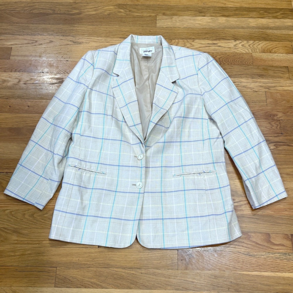 Worthington Womens 16W Pastel Plaid Two Button Blazer Jacket Blue Cream 732-7063